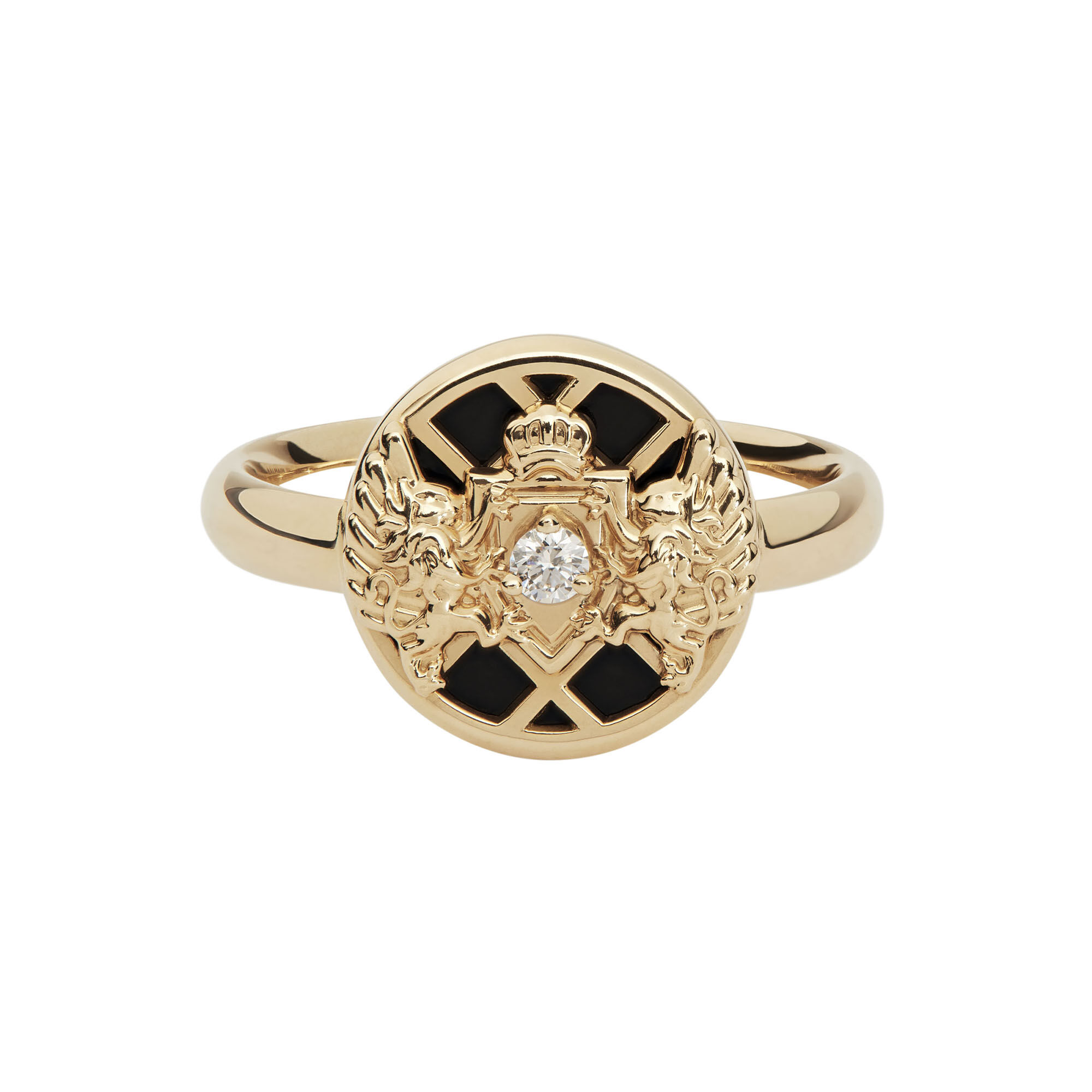 Balmain Emblem 18k Yellow Gold Diamond and Onyx Ring Size 6
